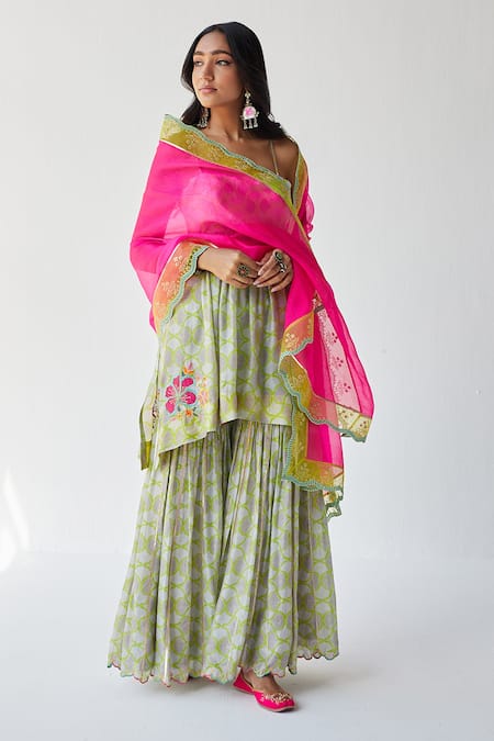 Rajiramniq_Grey Cotton , Kota Thread Work, Shell Print Strappy Kurta Gharara Set _Online_at_Aza_Fashions