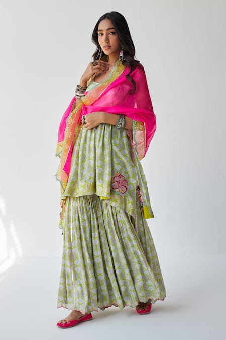 Buy_Rajiramniq_Grey Cotton , Kota Thread Work, Shell Print Strappy Kurta Gharara Set _Online_at_Aza_Fashions