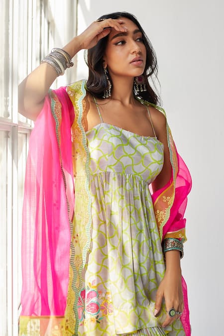 Rajiramniq_Grey Cotton , Kota Thread Work, Shell Print Strappy Kurta Gharara Set _at_Aza_Fashions