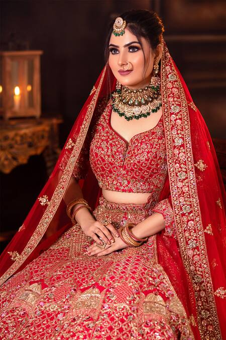 Shop_121couture_Red Silk And Net Sequin, Resham & Cutdana, Zardozi Embroidered Bridal Lehenga Set_at_Aza_Fashions