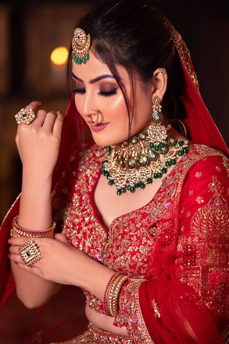 121couture_Red Silk And Net Sequin, Resham & Cutdana, Zardozi Embroidered Bridal Lehenga Set_Online_at_Aza_Fashions
