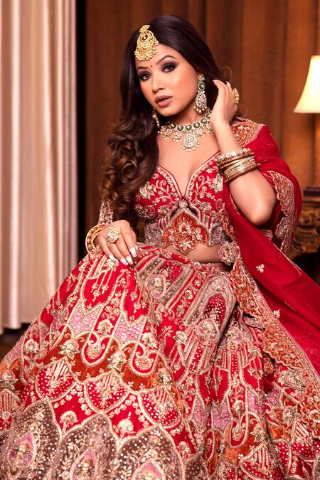 121couture_Red Silk And Organza Dori, Gota Patti, Sequin, Embroidered Bridal Lehenga Set_Online_at_Aza_Fashions