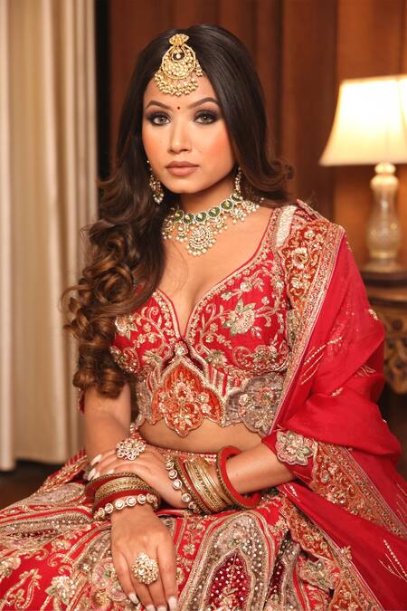 Shop_121couture_Red Silk And Organza Dori, Gota Patti, Sequin, Embroidered Bridal Lehenga Set_Online_at_Aza_Fashions