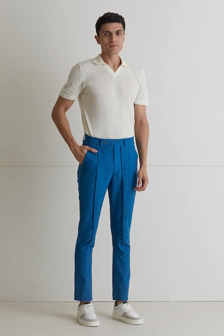 Artless_Blue Cotton Twill Into The Ocean Trousers_Online_at_Aza_Fashions