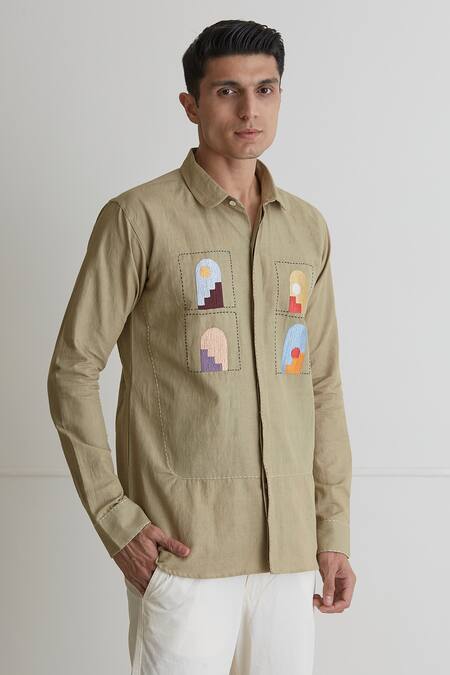 Shop_Artless_Beige Cotton Linen Thread Sun And Shadows Shirt_Online_at_Aza_Fashions