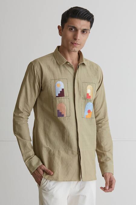 Artless_Beige Cotton Linen Thread Sun And Shadows Shirt_at_Aza_Fashions