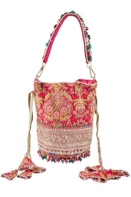 Shop Aloha By PS Pink Embroidery, Tassels Rosy Potli Bag at Aza Fashions Shop_Aloha By PS_Pink Embroidery, Tassels Rosy Potli Bag_at_Aza_Fashions