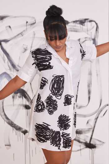 Pooja Bagaria_Black Glazed Cotton Scribble Print Shirt Dress_Online_at_Aza_Fashions