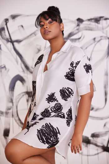 Buy_Pooja Bagaria_Black Glazed Cotton Scribble Print Shirt Dress_Online_at_Aza_Fashions