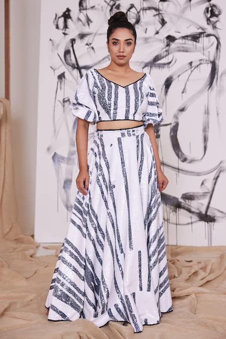 Pooja Bagaria Black Satin Sequin Sequin, Piano Stripe Leaf Neck Embroidered Lehenga Set