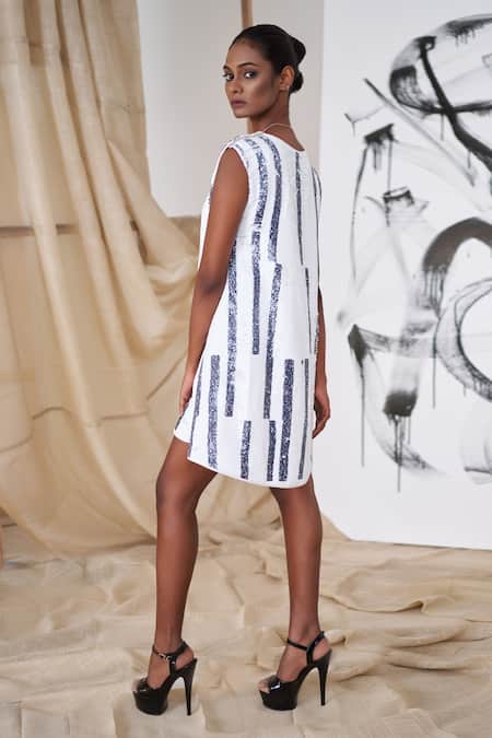 Shop_Pooja Bagaria_Black Satin Sequin Sequin, Piano Stripe Round Print Dress _Online_at_Aza_Fashions