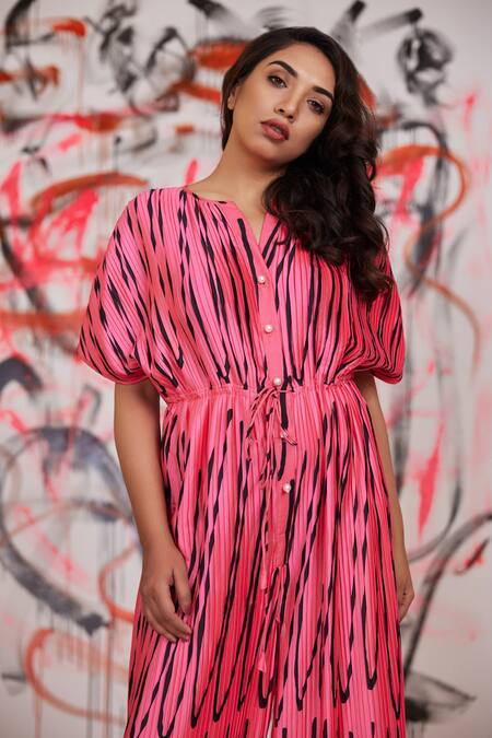 Pooja Bagaria Pink Pleated Satin U Motifs Notched Jumpsuit Online at Aza Fashions Pooja Bagaria_Pink Pleated Satin U Motifs Notched Jumpsuit _Online_at_Aza_Fashions