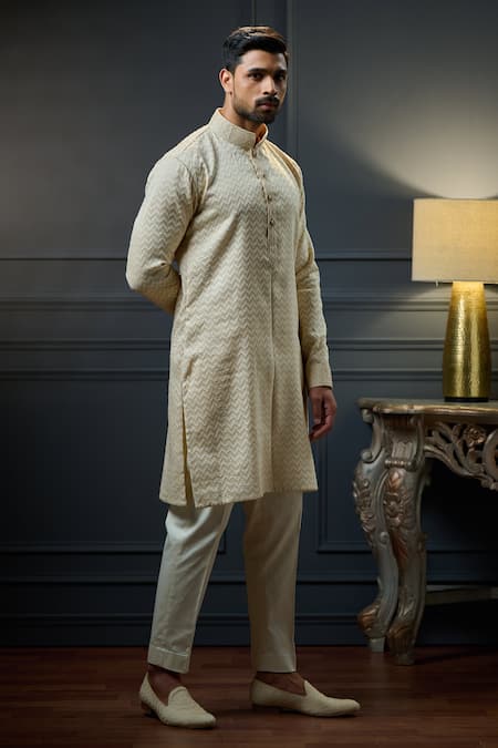 Ritu & Abhishek_Beige Silk Chevron Full Sleeve Kurta  _Online_at_Aza_Fashions