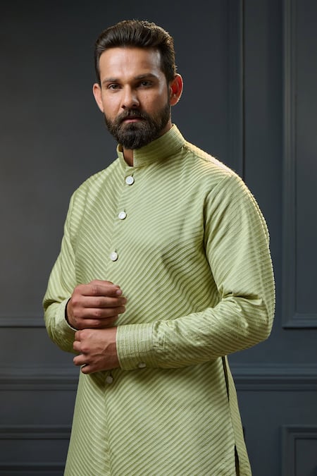 Ritu & Abhishek_Green Organza Diagonal Kurta  _Online_at_Aza_Fashions