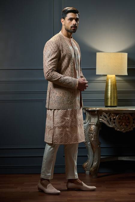 Ritu & Abhishek_Pink Silk Embroidered Jaal Jacket And Kurta Set  _Online_at_Aza_Fashions