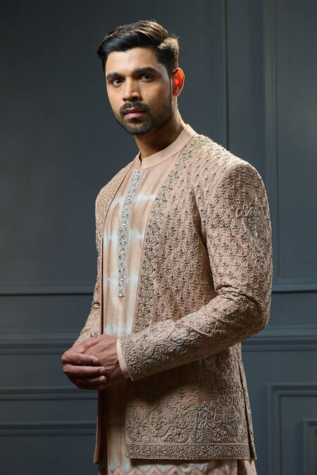 Shop_Ritu & Abhishek_Pink Silk Embroidered Jaal Jacket And Kurta Set  _Online_at_Aza_Fashions