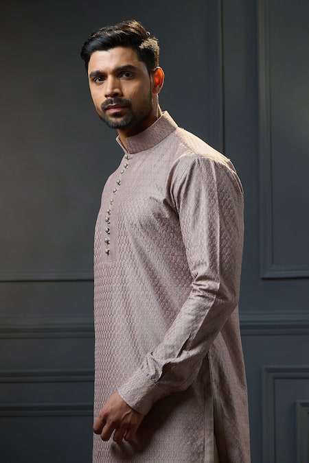 Ritu & Abhishek_Beige Silk Textured Thread Embroidered Kurta  _Online_at_Aza_Fashions