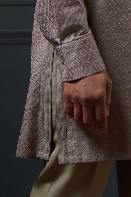 Buy_Ritu & Abhishek_Beige Silk Textured Thread Embroidered Kurta  _Online_at_Aza_Fashions