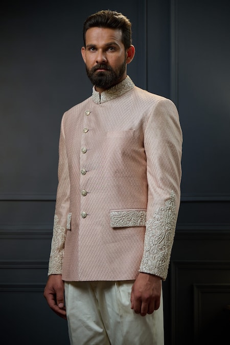 Shop_Ritu & Abhishek_Pink Silk Textured Geometric Embroidered Bandhgala _at_Aza_Fashions