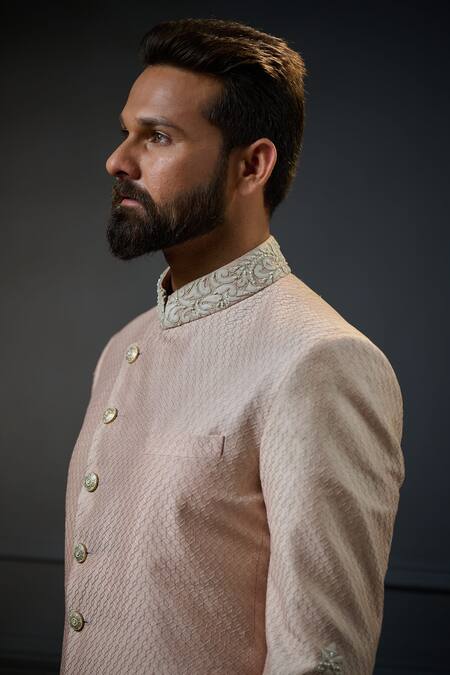 Ritu & Abhishek_Pink Silk Textured Geometric Embroidered Bandhgala _Online_at_Aza_Fashions