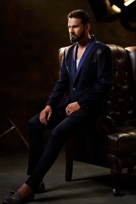Shop_Ritu & Abhishek_Blue Crepe Suiting Embroidered Owl Shawl Collar Tuxedo  _at_Aza_Fashions