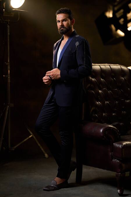 Ritu & Abhishek_Blue Crepe Suiting Embroidered Owl Shawl Collar Tuxedo  _Online_at_Aza_Fashions