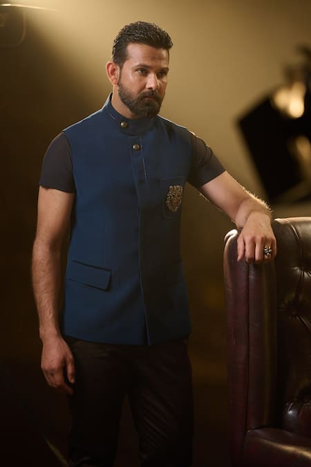 Ritu & Abhishek_Blue Crepe Suiting Owl Tiger Crest Waistcoat _Online_at_Aza_Fashions