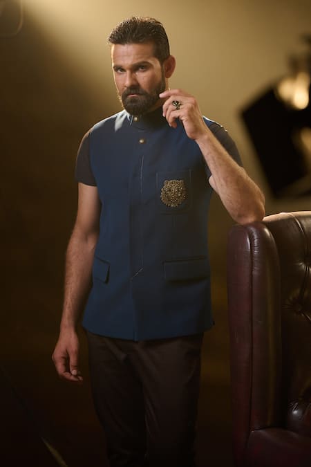 Buy_Ritu & Abhishek_Blue Crepe Suiting Owl Tiger Crest Waistcoat _Online_at_Aza_Fashions