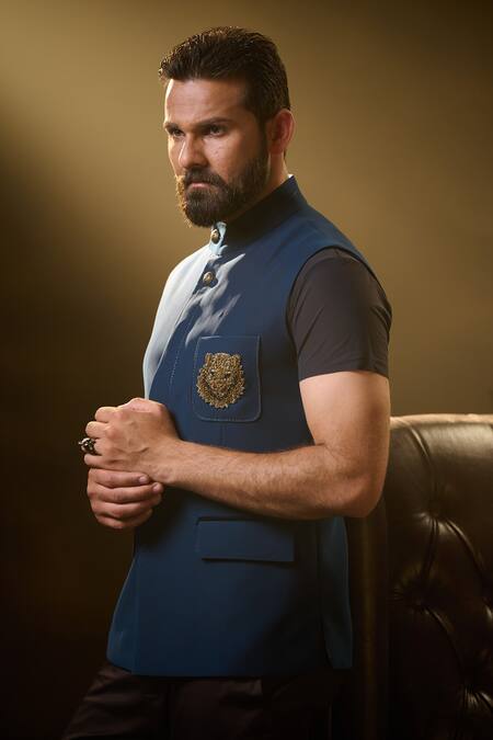 Shop_Ritu & Abhishek_Blue Crepe Suiting Owl Tiger Crest Waistcoat _Online_at_Aza_Fashions