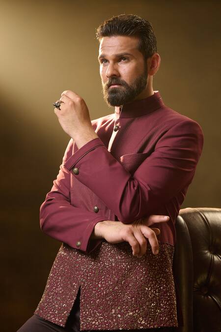 Buy_Ritu & Abhishek_Maroon Fine Suiting Embroidered Metallic Shimmer Striped Bandhgala _Online_at_Aza_Fashions