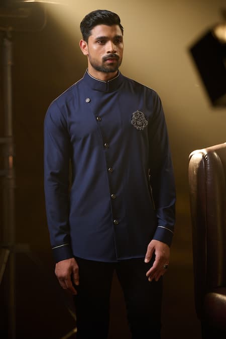 Ritu & Abhishek_Blue Fine Suiting Embroidered Horse Crest Overlap Shirt  _Online_at_Aza_Fashions