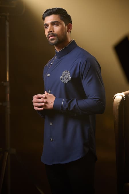 Buy_Ritu & Abhishek_Blue Fine Suiting Embroidered Horse Crest Overlap Shirt  _Online_at_Aza_Fashions