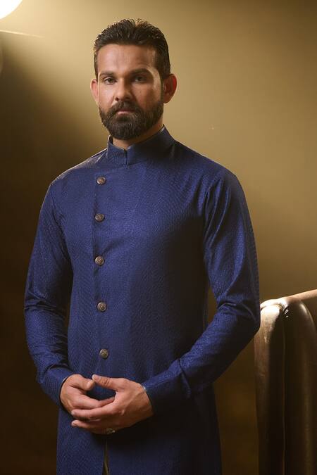 Buy_Ritu & Abhishek_Blue Crepe Suiting Asymmetric Full Sleeve Kurta  _Online_at_Aza_Fashions