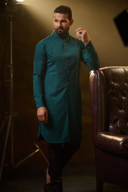 Shop_Ritu & Abhishek_Green Crepe Suiting Leopard Skin Textured Kurta _at_Aza_Fashions
