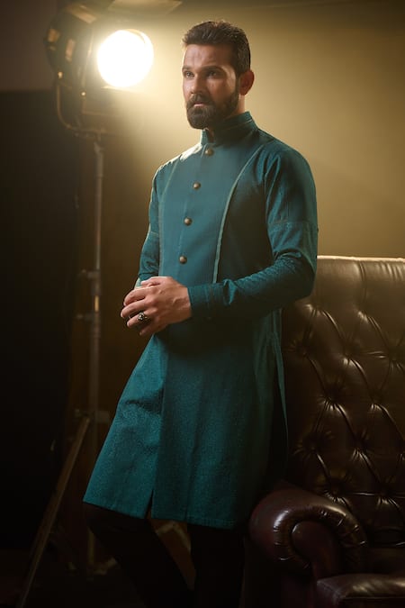 Buy_Ritu & Abhishek_Green Crepe Suiting Leopard Skin Textured Kurta _Online_at_Aza_Fashions