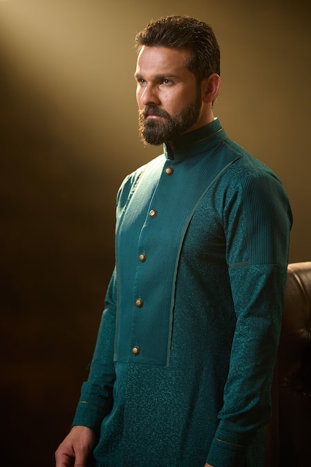 Shop_Ritu & Abhishek_Green Crepe Suiting Leopard Skin Textured Kurta _Online_at_Aza_Fashions