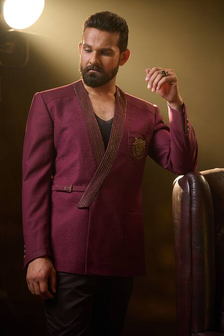 Ritu & Abhishek_Maroon Fine Suiting Embroidered Leopard Skin Pattern Yukata Jacket  _Online_at_Aza_Fashions