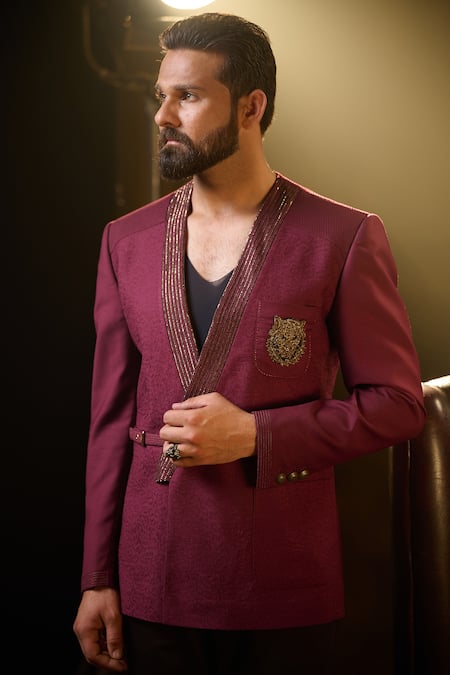 Buy_Ritu & Abhishek_Maroon Fine Suiting Embroidered Leopard Skin Pattern Yukata Jacket  _Online_at_Aza_Fashions