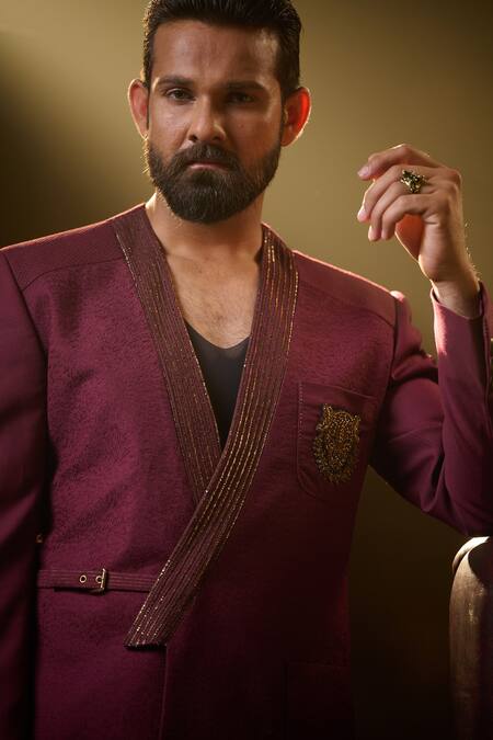Shop_Ritu & Abhishek_Maroon Fine Suiting Embroidered Leopard Skin Pattern Yukata Jacket  _Online_at_Aza_Fashions