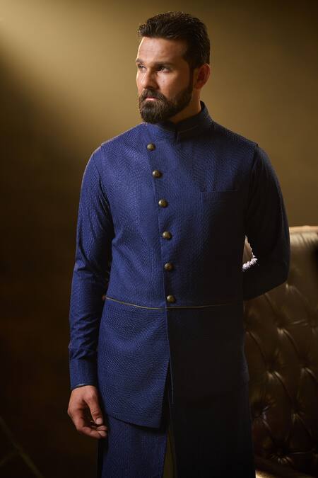 Buy_Ritu & Abhishek_Blue Crepe Suiting Snake Skin Textured Asymmetric Waistcoat _Online_at_Aza_Fashions