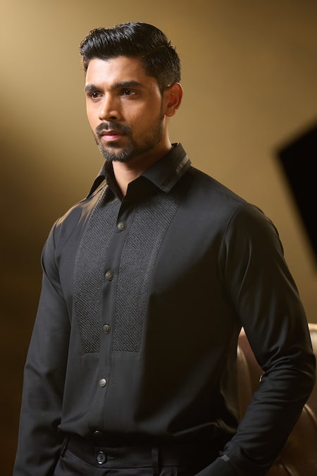 Ritu & Abhishek_Black Fine Suiting Textured Bodice Shirt  _Online_at_Aza_Fashions
