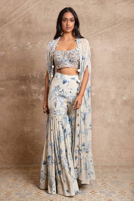 Shop_Arpita Mehta_Blue Floral Print Cape And Sharara Set_Online_at_Aza_Fashions