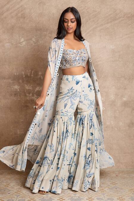 Buy_Arpita Mehta_Blue Floral Print Cape And Sharara Set_Online_at_Aza_Fashions