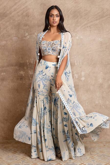 Arpita Mehta_Blue Floral Print Cape And Sharara Set_at_Aza_Fashions