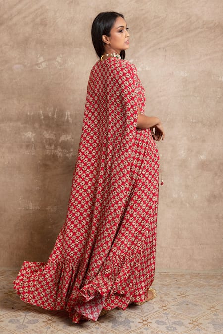 Shop Arpita Mehta Red Floral Print Kaftan And Pant Set at Aza Fashions Shop_Arpita Mehta_Red Floral Print Kaftan And Pant Set_at_Aza_Fashions
