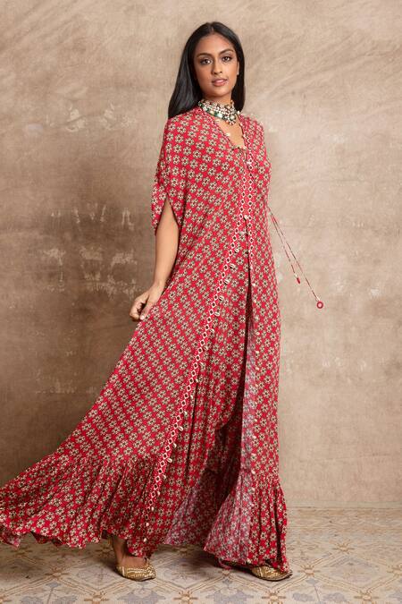 Arpita Mehta Red Floral Print Kaftan And Pant Set Online at Aza Fashions Arpita Mehta_Red Floral Print Kaftan And Pant Set_Online_at_Aza_Fashions