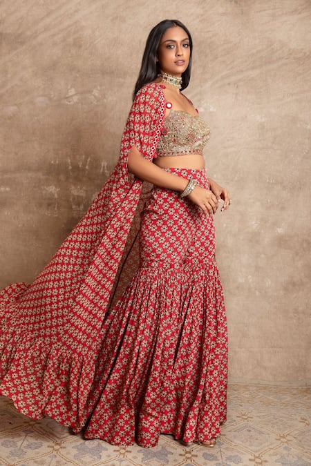 Arpita Mehta_Red Floral Print Cape And Sharara Set_Online_at_Aza_Fashions