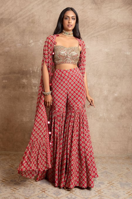 Buy_Arpita Mehta_Red Floral Print Cape And Sharara Set_Online_at_Aza_Fashions
