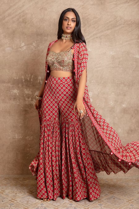 Shop_Arpita Mehta_Red Floral Print Cape And Sharara Set_Online_at_Aza_Fashions