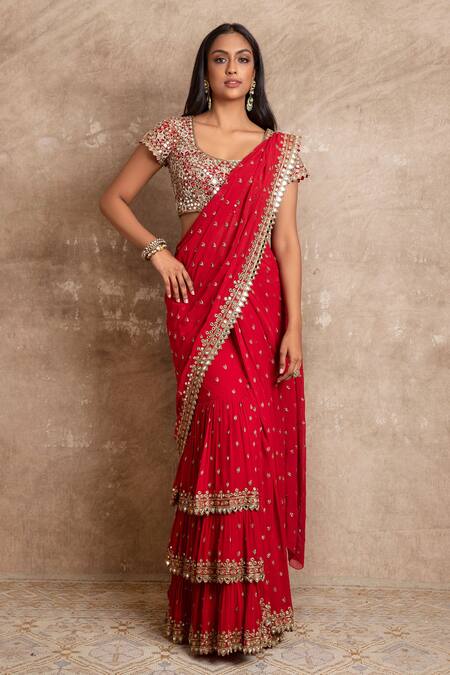 Arpita Mehta Red Pre-draped Embroidered Saree Set 